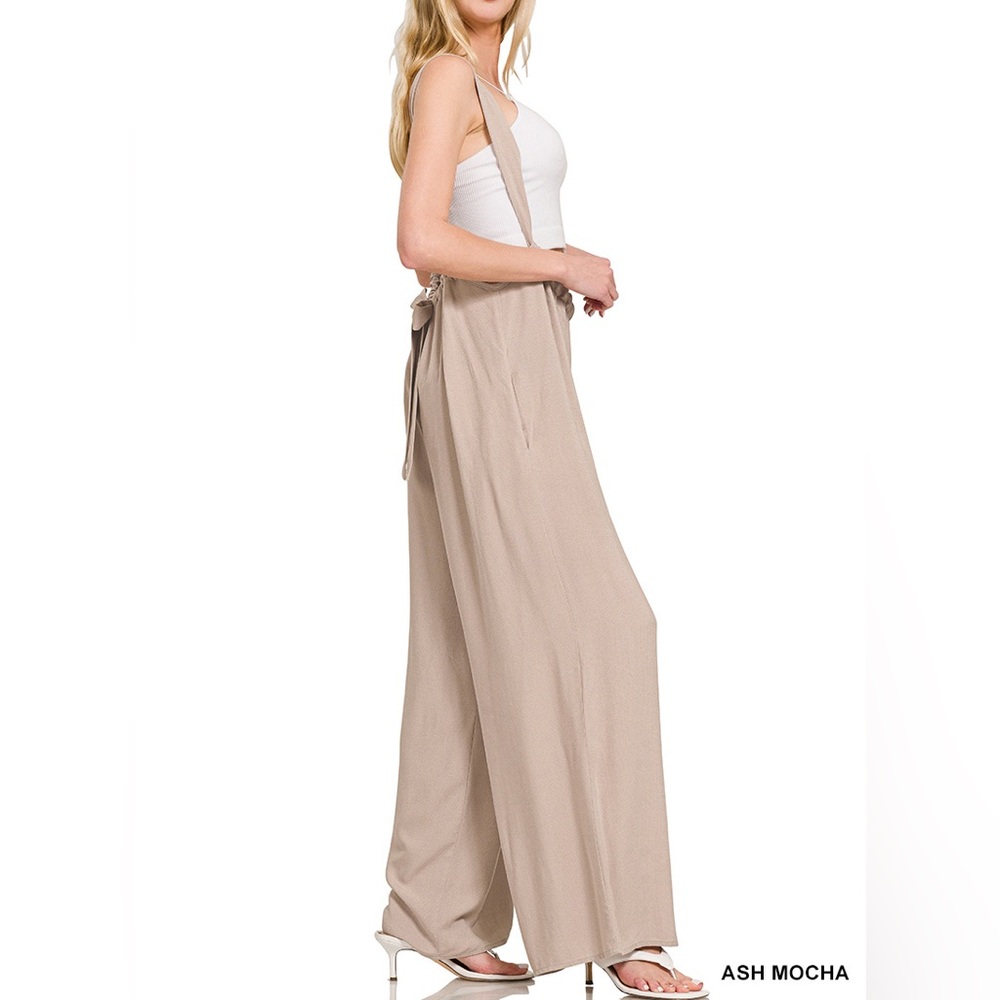 Woven Tie-Back Suspender Jumpsuit in Ash Mocha - Picture 3 of 3